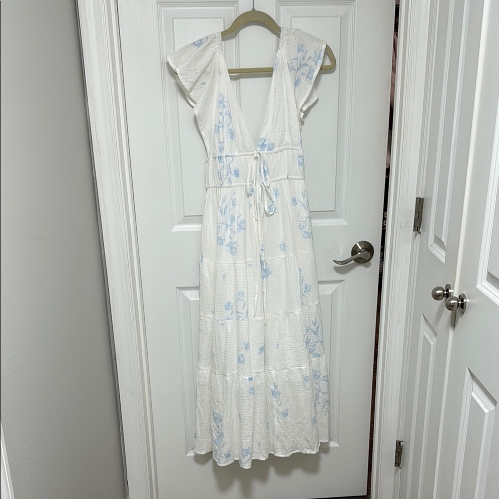 White and Blue Floral Midi Dress